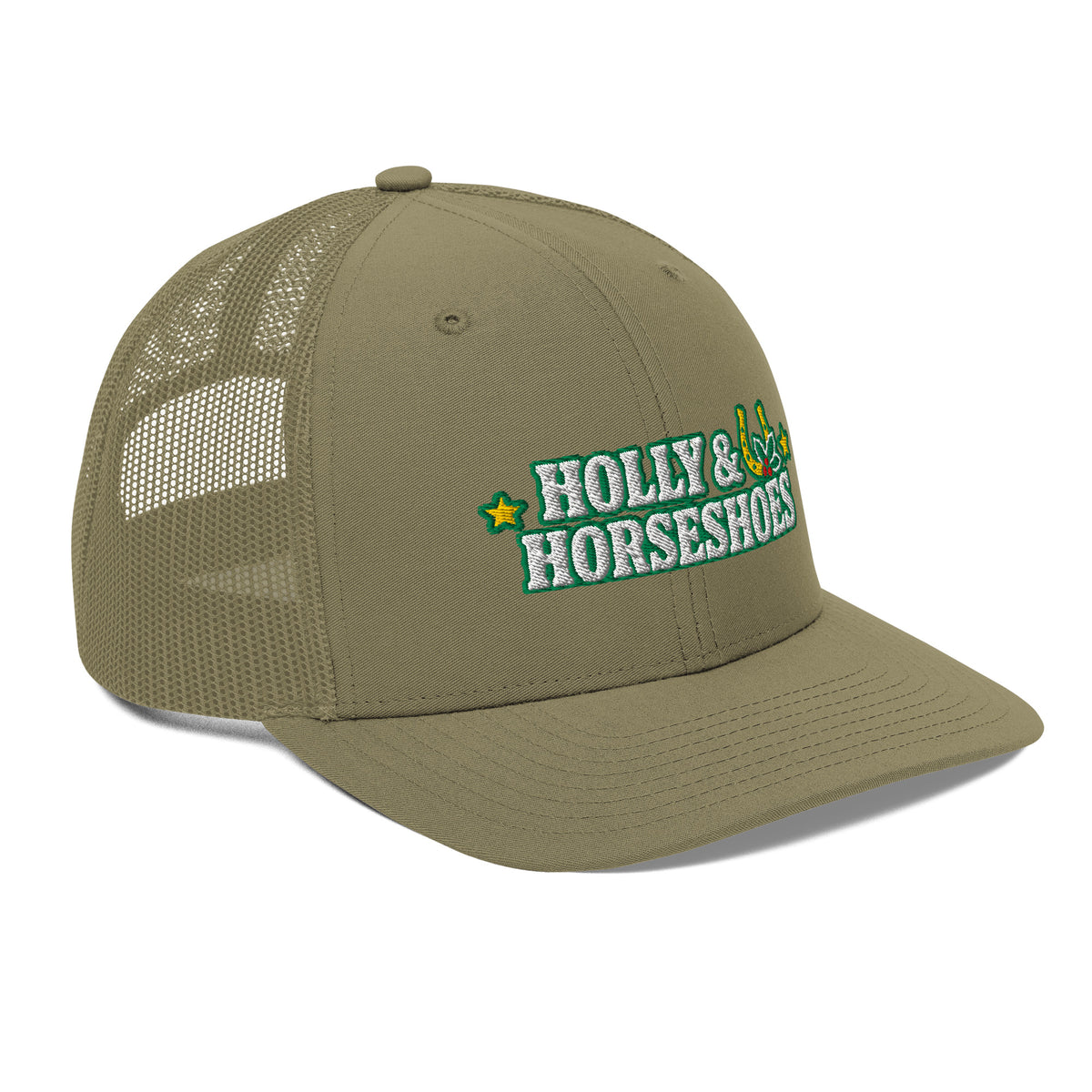 Holly & Horseshoes Embroidered Trucker Hat in Loden, right front view