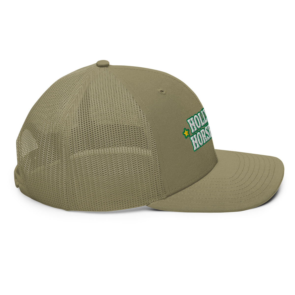 Holly & Horseshoes Embroidered Trucker Hat in Loden, right side view