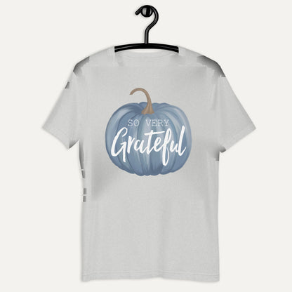 So Very Grateful Pumpkin Short Sleeve Tee in Athletic Heather, on hanger