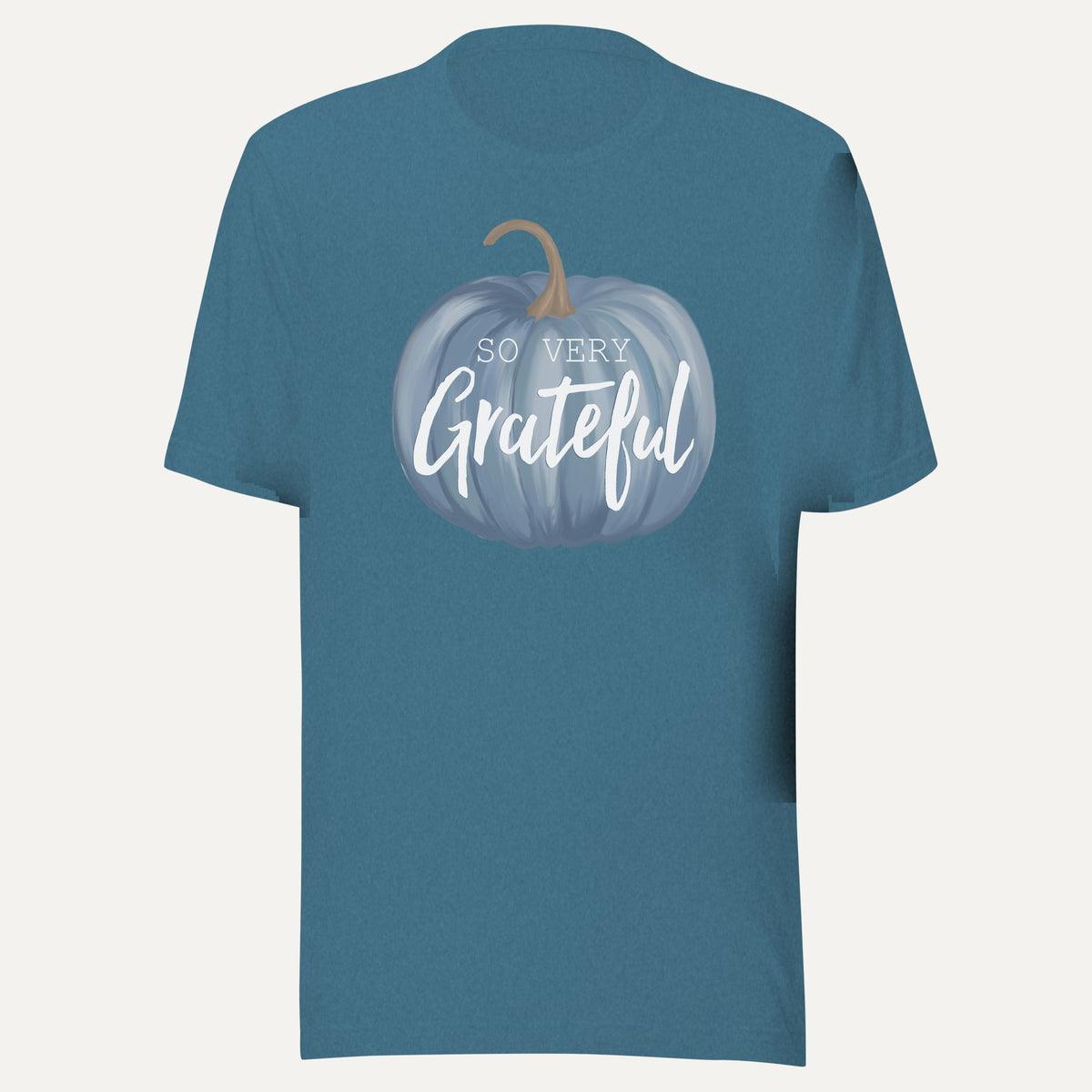So Very Grateful Pumpkin Short Sleeve Tee in Heather Deep Teal, front view
