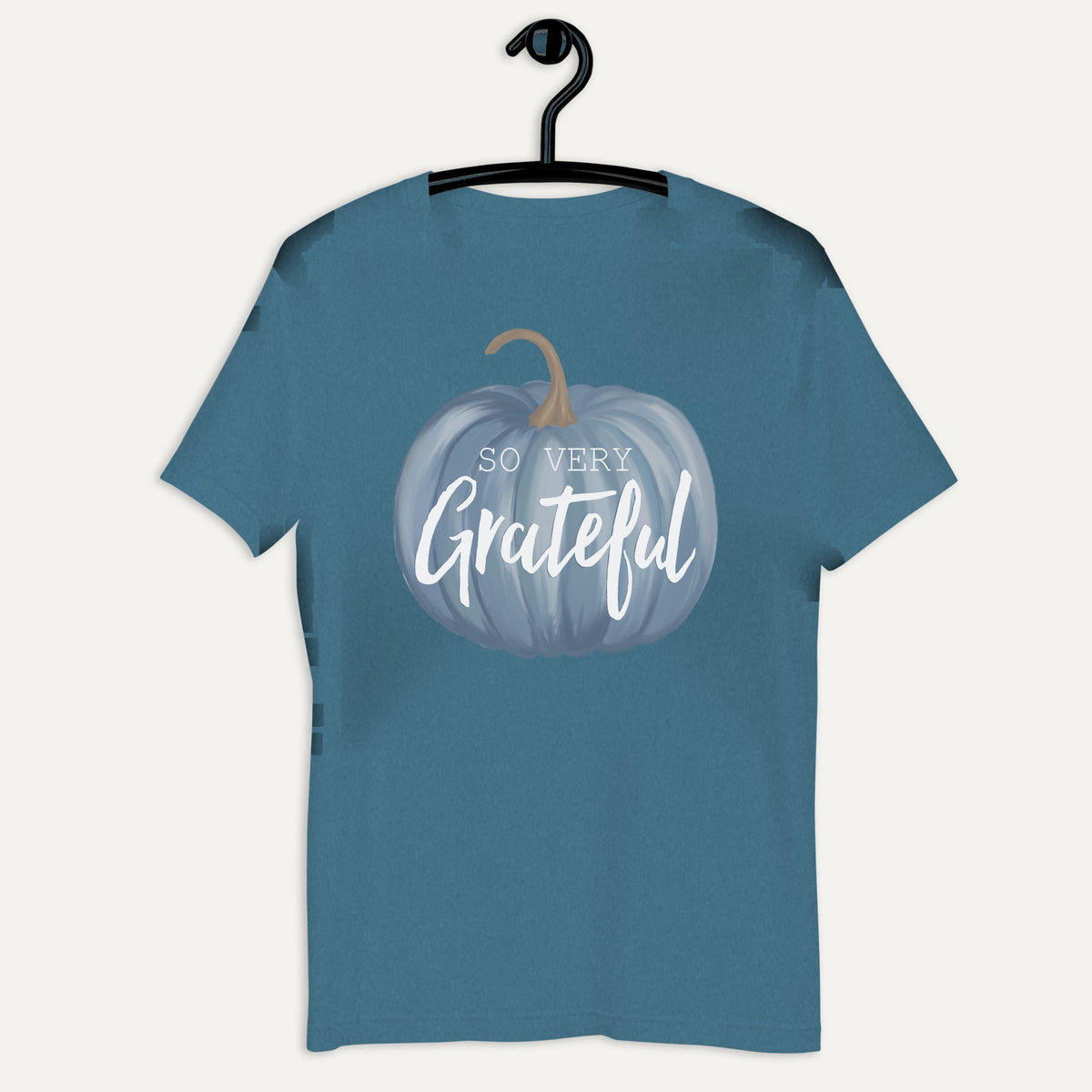 So Very Grateful Pumpkin Short Sleeve Tee in Heather Deep Teal, on hanger