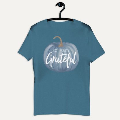 So Very Grateful Pumpkin Short Sleeve Tee in Heather Deep Teal, on hanger