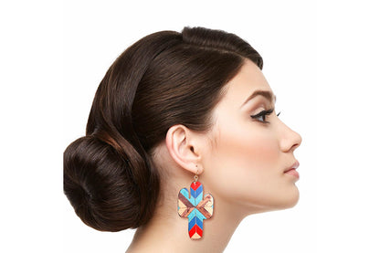 Model in profile wearing multicolor mosaic cactus drop earrings