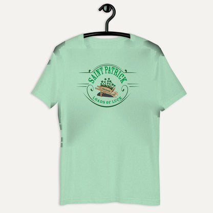 St. Patrick's Fresh Clovers Loads Of Luck Short Sleeve Tee in Heather Prism Mint, on hanger