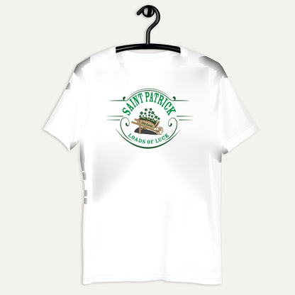 St. Patrick's Fresh Clovers Loads Of Luck Short Sleeve Tee in White, on hanger