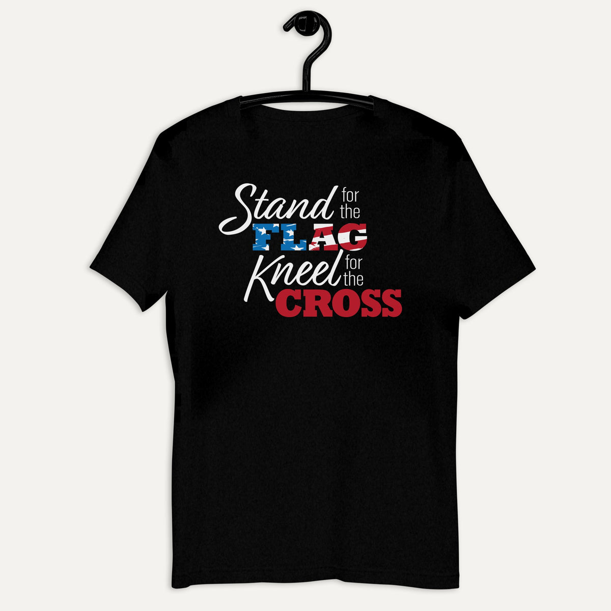 Stand For The Flag Kneel For The Cross Short Sleeve Tee in Black Heather, on hanger