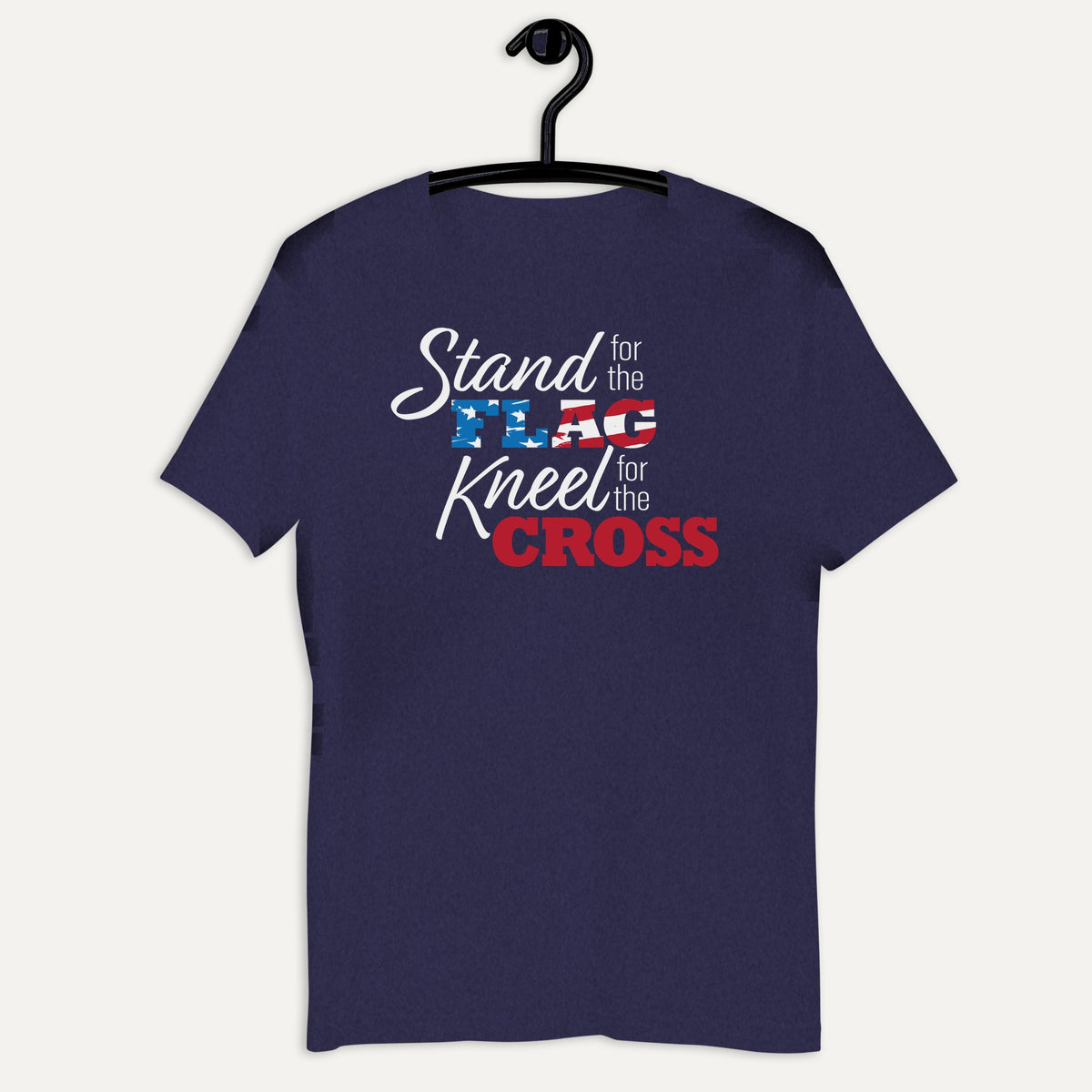 Stand For The Flag Kneel For The Cross Short Sleeve Tee in Heather Midnight Navy, on hanger