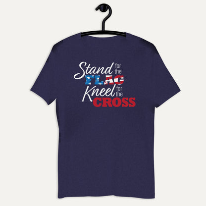 Stand For The Flag Kneel For The Cross Short Sleeve Tee in Heather Midnight Navy, on hanger