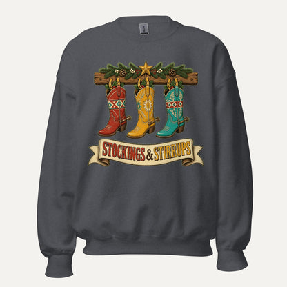 Stockings & Stirrups Western Christmas Crewneck Sweatshirt in Dark Heather, front view