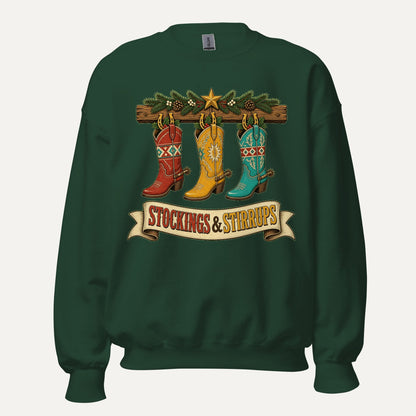 Stockings & Stirrups Western Christmas Crewneck Sweatshirt in Forest Green, front view