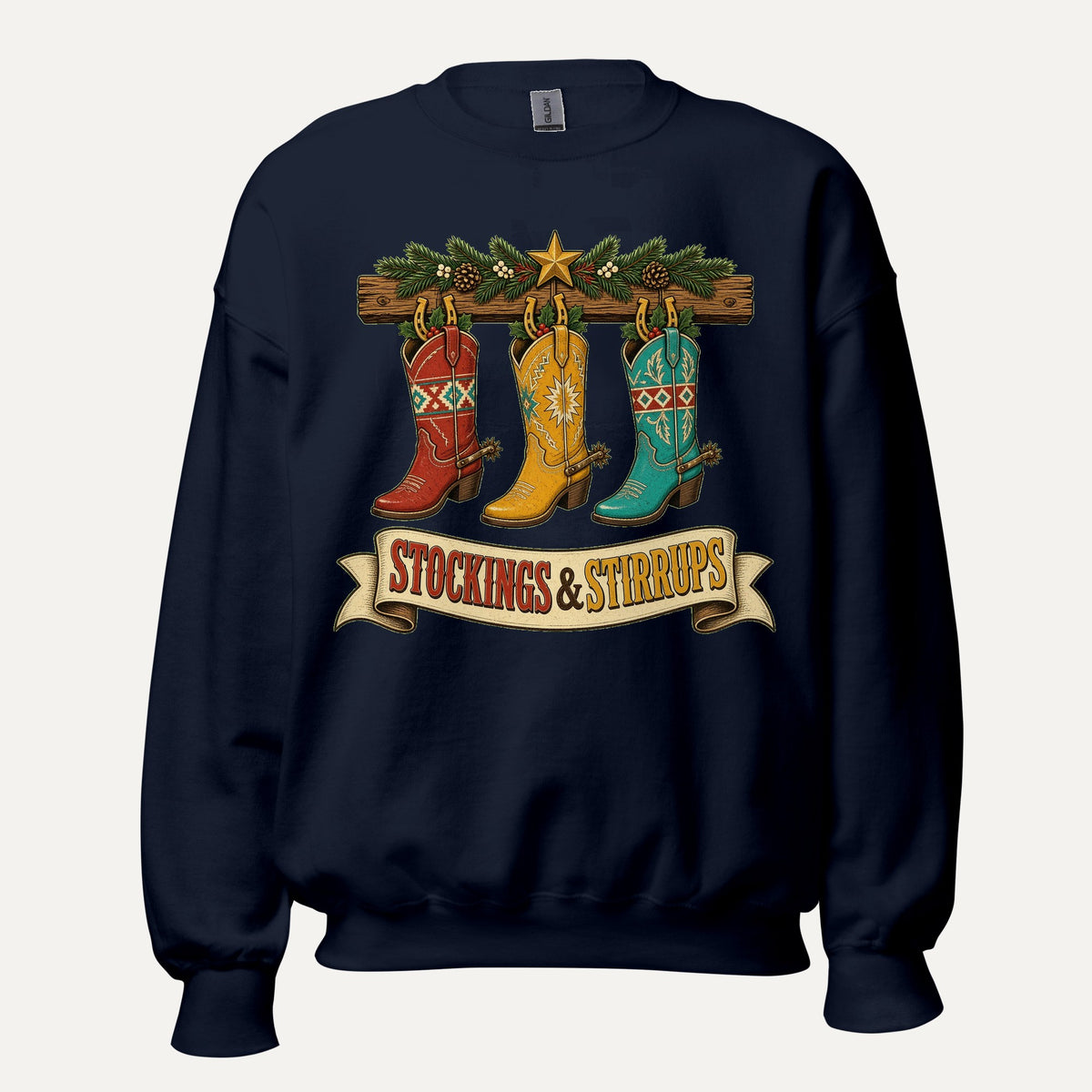 Stockings & Stirrups Western Christmas Crewneck Sweatshirt in Navy, front view