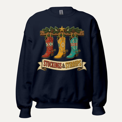 Stockings & Stirrups Western Christmas Crewneck Sweatshirt in Navy, front view