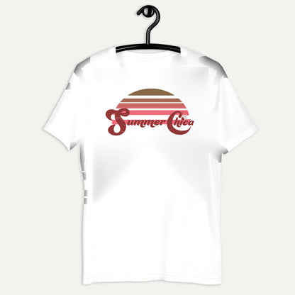Summer Chica Sunset Short Sleeve Tee in White, on hanger