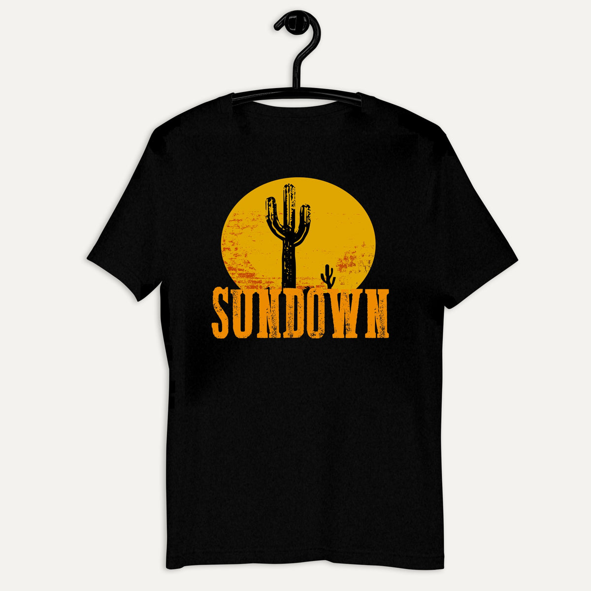 Sundown Cactus Short Sleeve Tee in Black Heather, on hanger