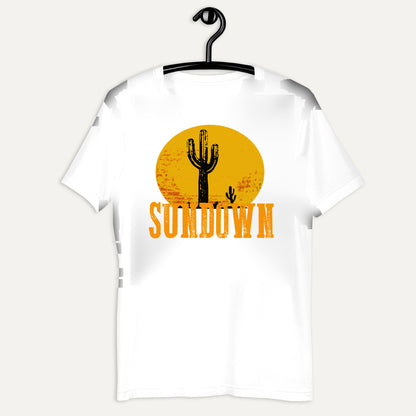 Sundown Cactus Short Sleeve Tee in White, on hanger