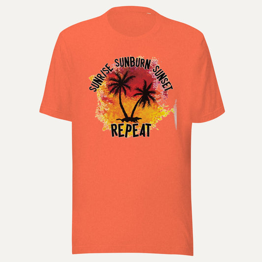 Sunrise Sunburn Sunset Repeat Short Sleeve Tee in Heather Orange, front view