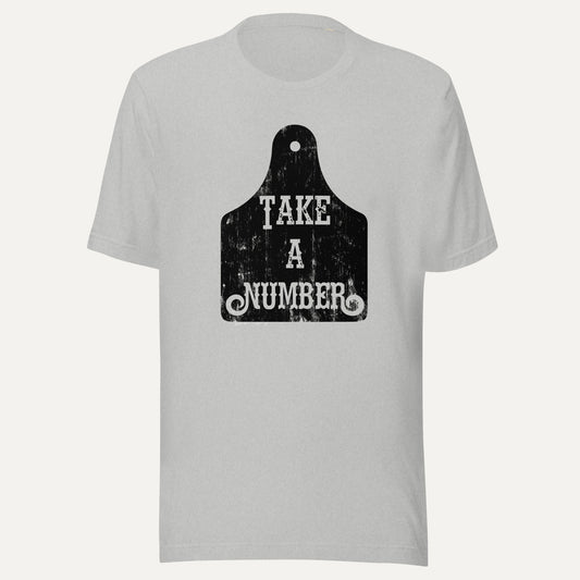 Take A Number Cow Tag Tee in Athletic Heather, front view