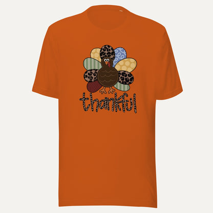 Thankful Pattern Turkey Short Sleeve Tee in Autumn, front view
