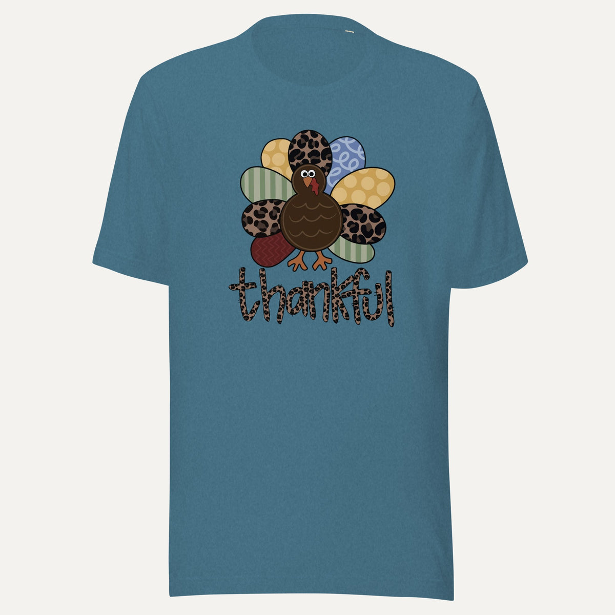 Thankful Pattern Turkey Short Sleeve Tee in Heather Deep Teal, front view