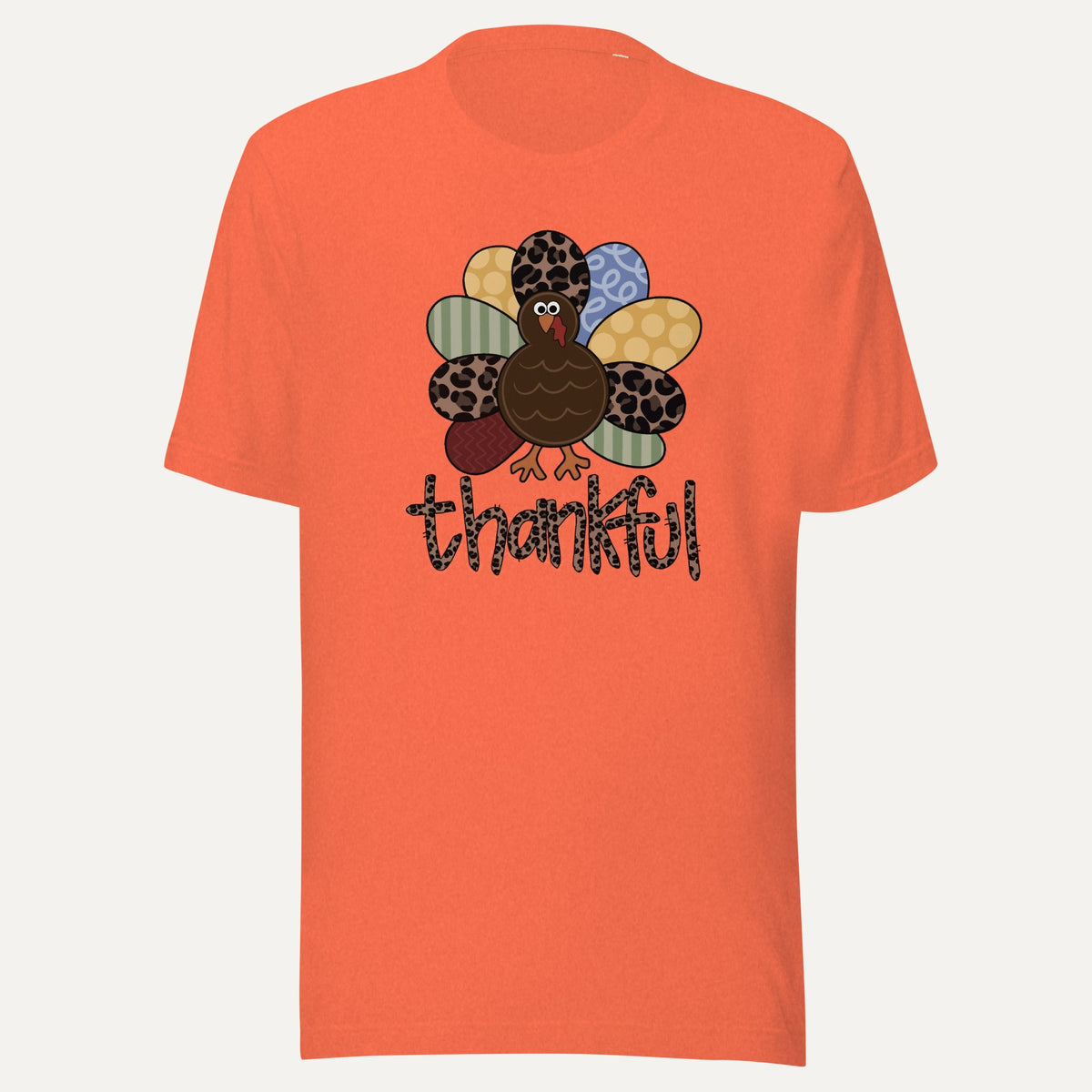Thankful Pattern Turkey Short Sleeve Tee in Heather Orange, front view