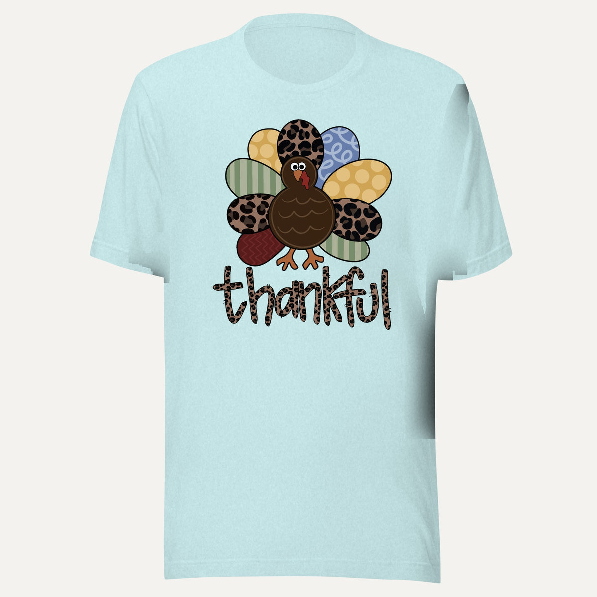 Thankful Pattern Turkey Short Sleeve Tee in Heather Prism Ice Blue, front view