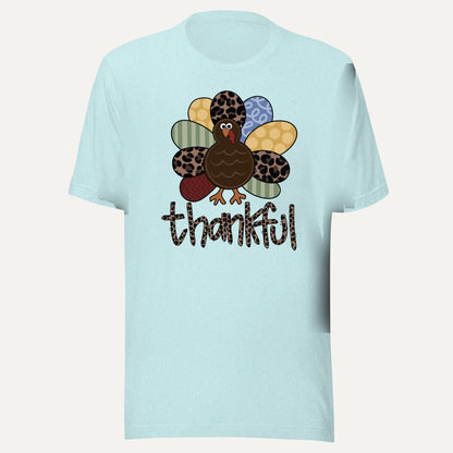 Thankful Pattern Turkey Short Sleeve Tee in Heather Prism Ice Blue, front view