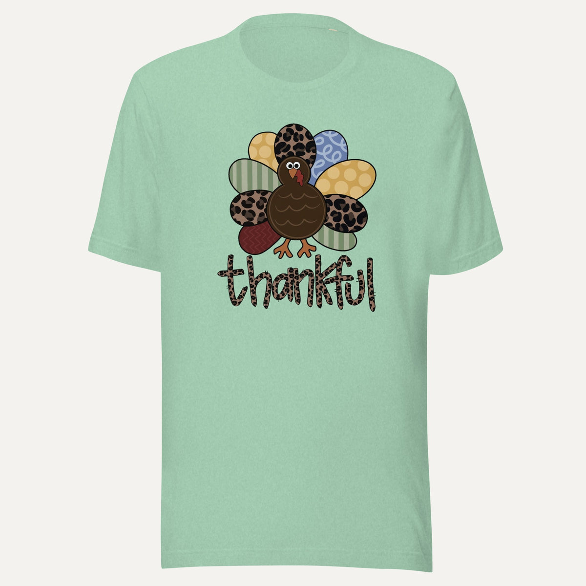 Thankful Pattern Turkey Short Sleeve Tee in Heather Prism Mint, front view