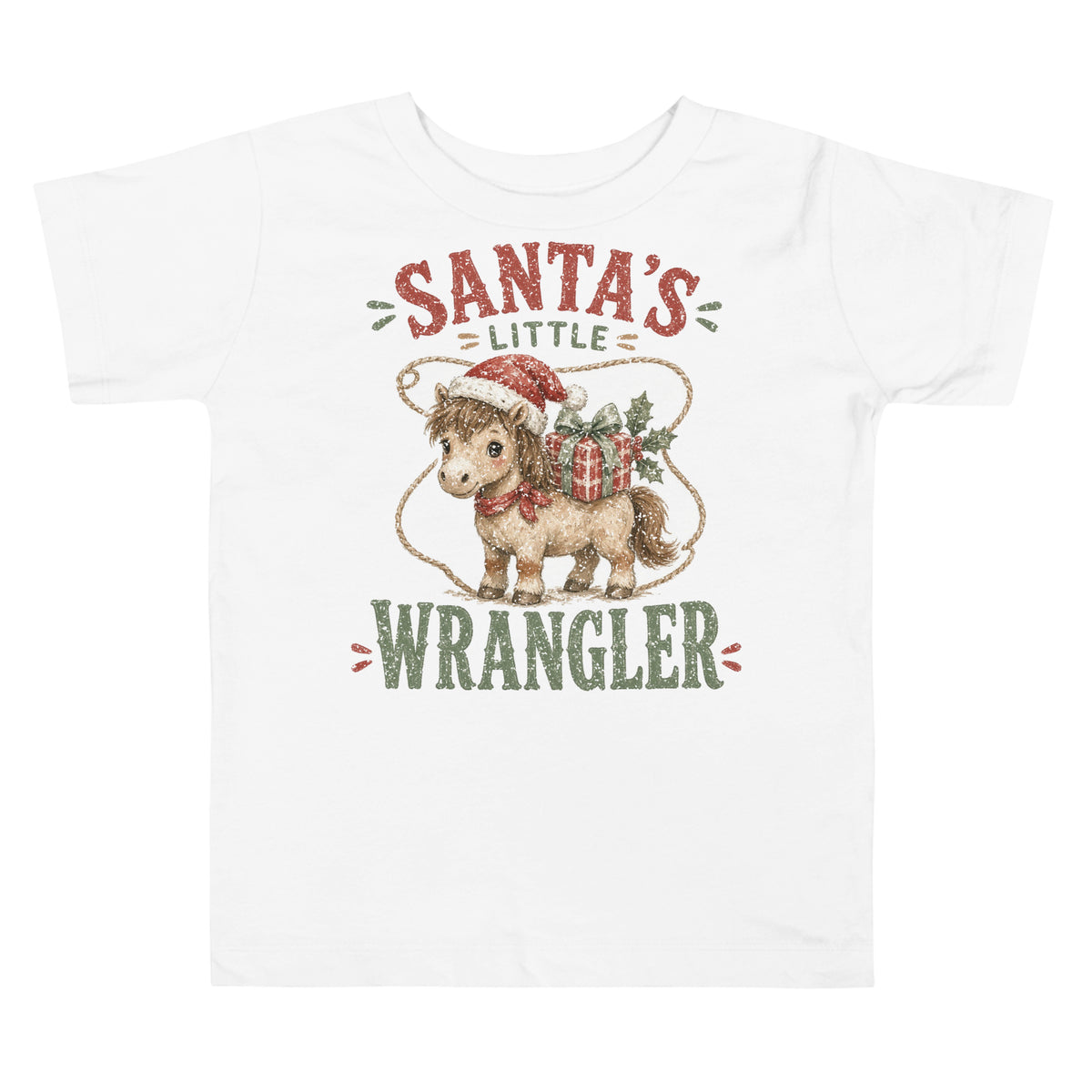 Santa's Little Wrangler western Christmas toddler tee in White, front