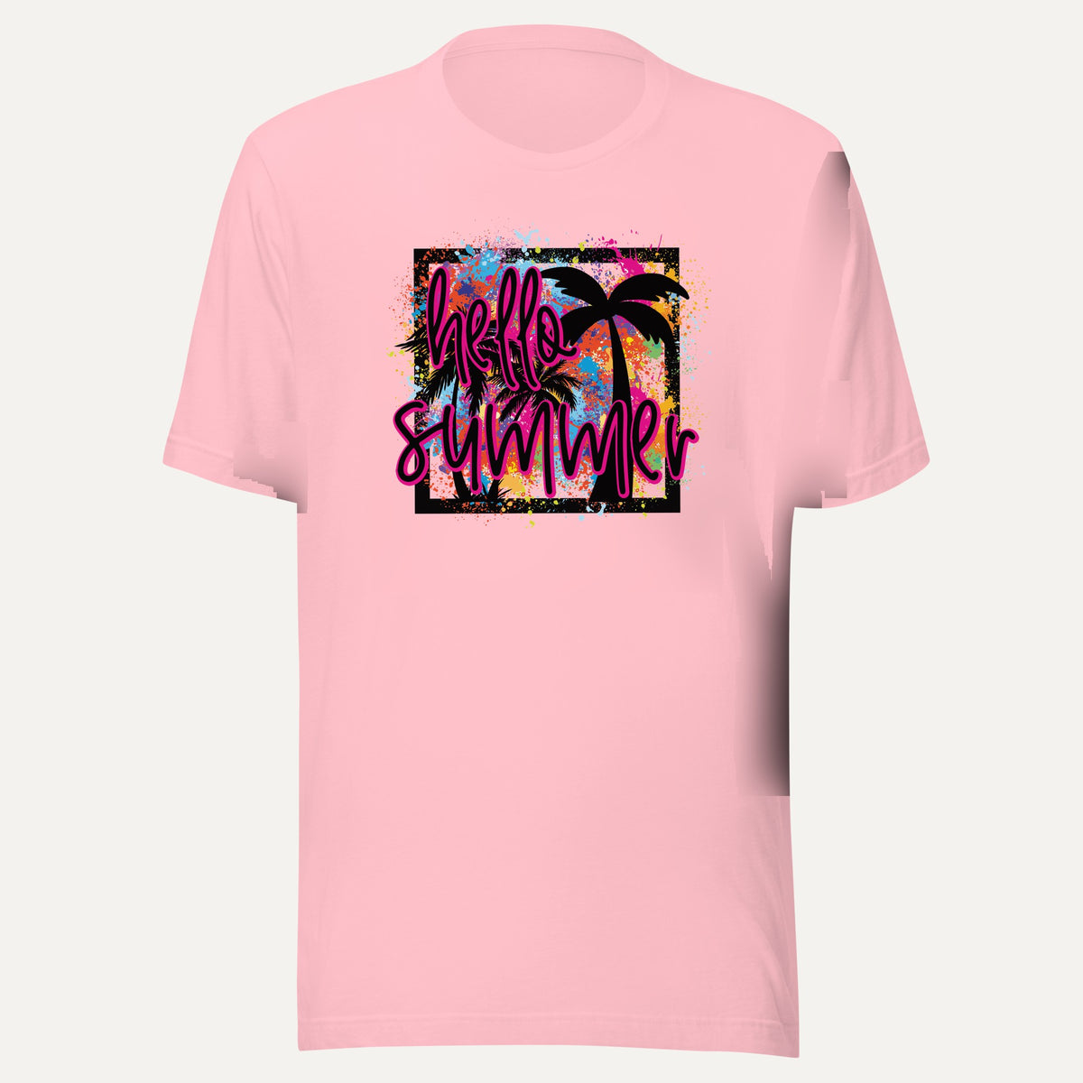 Hello Summer Tropical Neon Short Sleeve Tee in Pink, front view