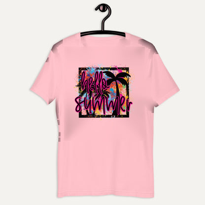 Hello Summer Tropical Neon Short Sleeve Tee in Pink, on hanger