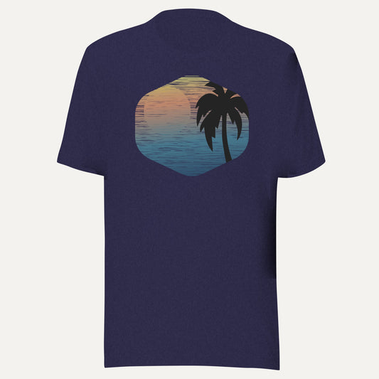 Tropical Sunset Short Sleeve Tee in Heather Midnight Navy, front view