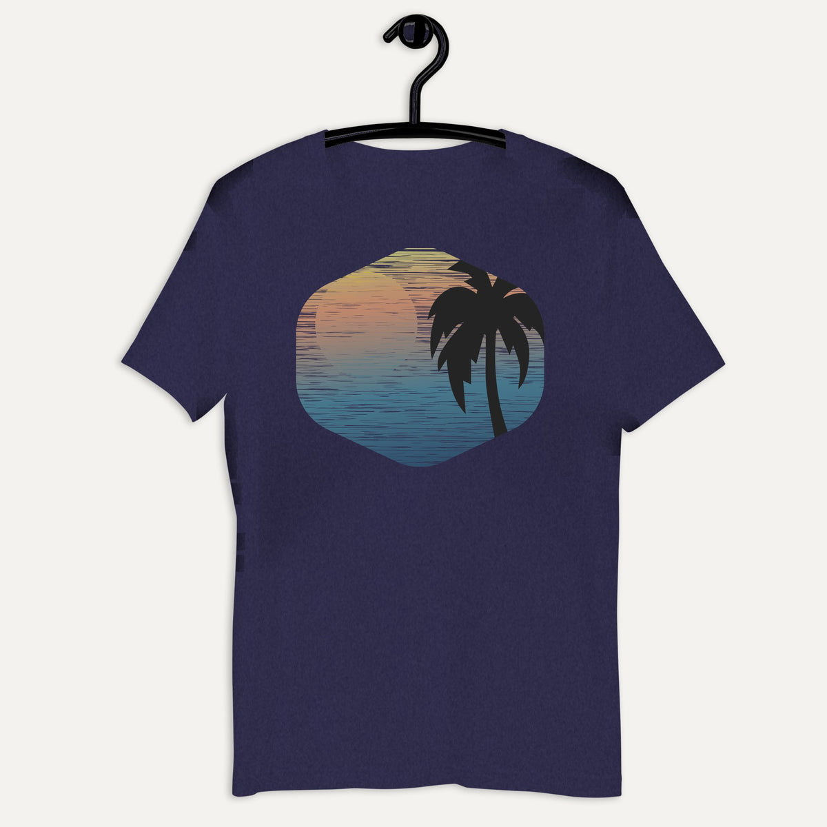 Tropical Sunset Short Sleeve Tee in Heather Midnight Navy, on hanger