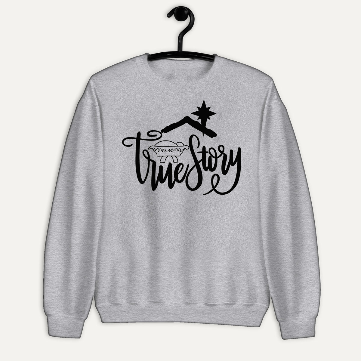 True Story Unisex Long Sleeve Sweatshirt in Sport Grey, on hanger