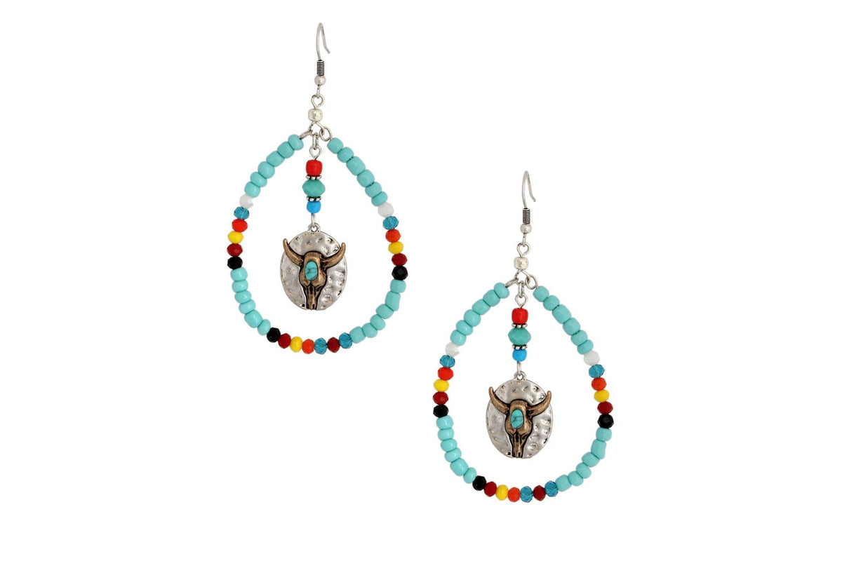 Pair of turquoise-colored seed bead teardrop earrings with silver-tone longhorn charms