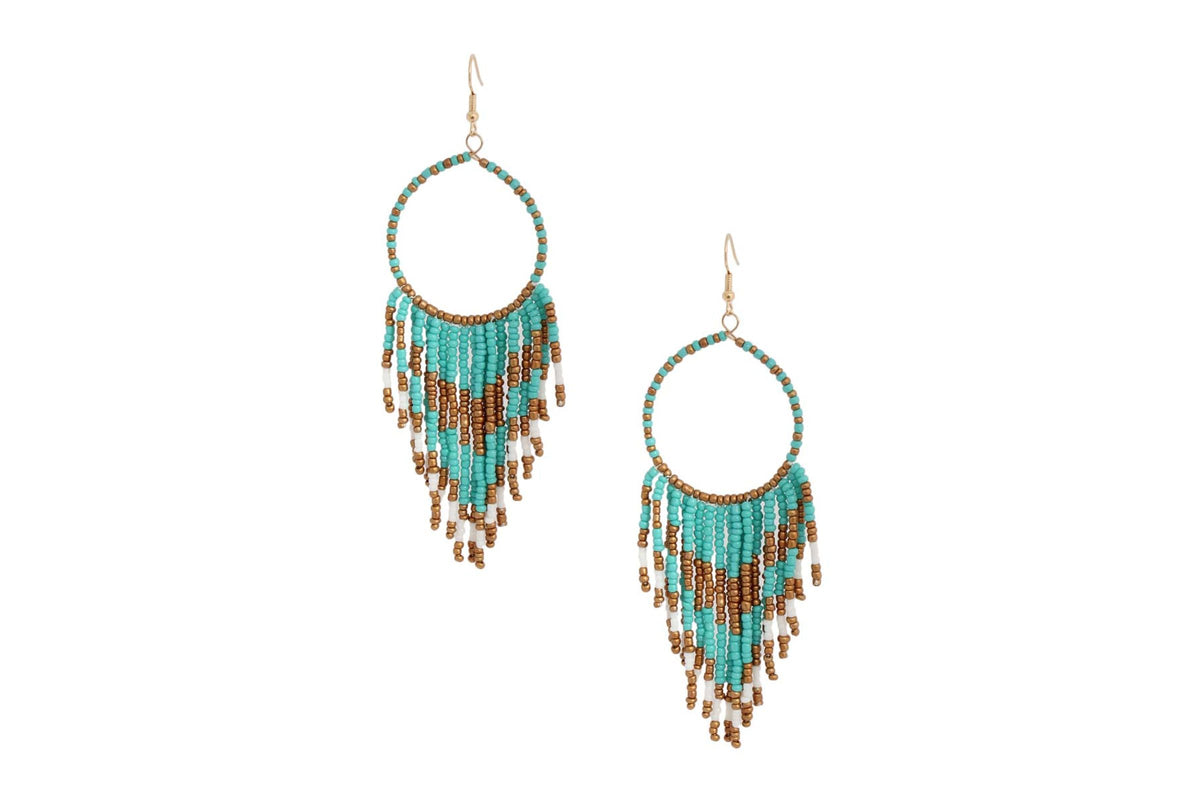 Pair of turquoise-colored and gold seed bead fringe hoop earrings