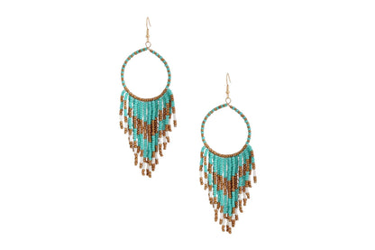 Pair of turquoise-colored and gold seed bead fringe hoop earrings