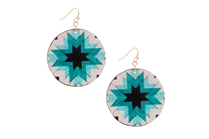 Pair of round drop earrings with a turquoise-colored and black sunburst star pattern