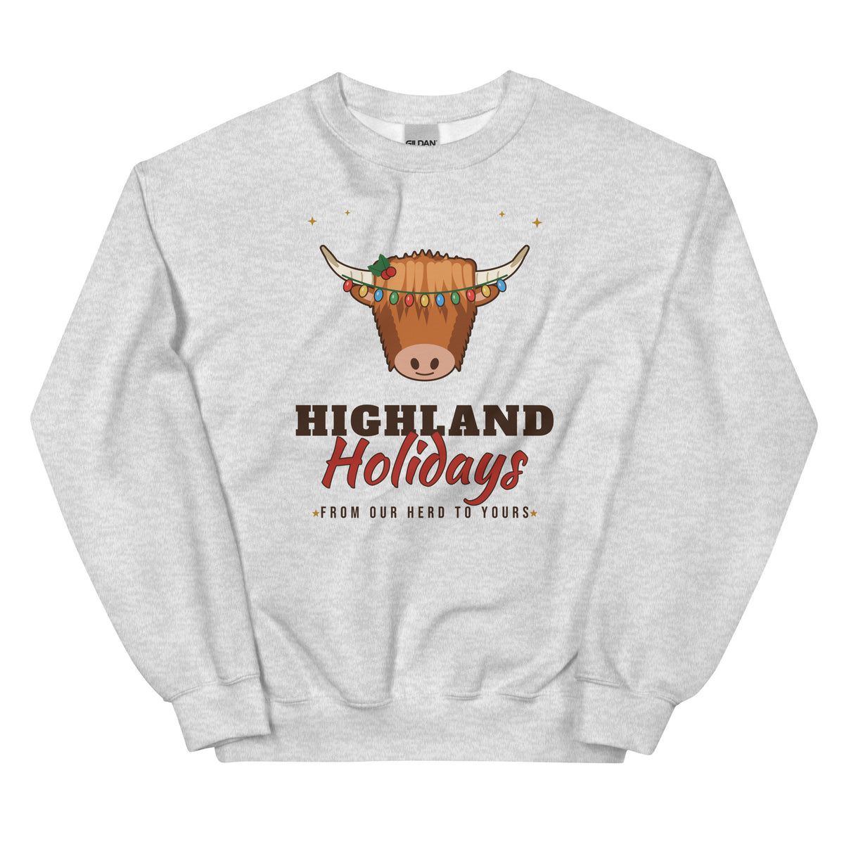 Highland Holidays Highland Cow Christmas Unisex Long Sleeve Sweatshirt in Ash, front view