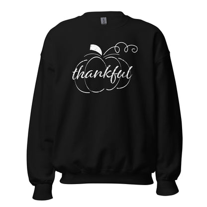 Thankful Cursive Pumpkin Unisex Long Sleeve Sweatshirt in Black, front view