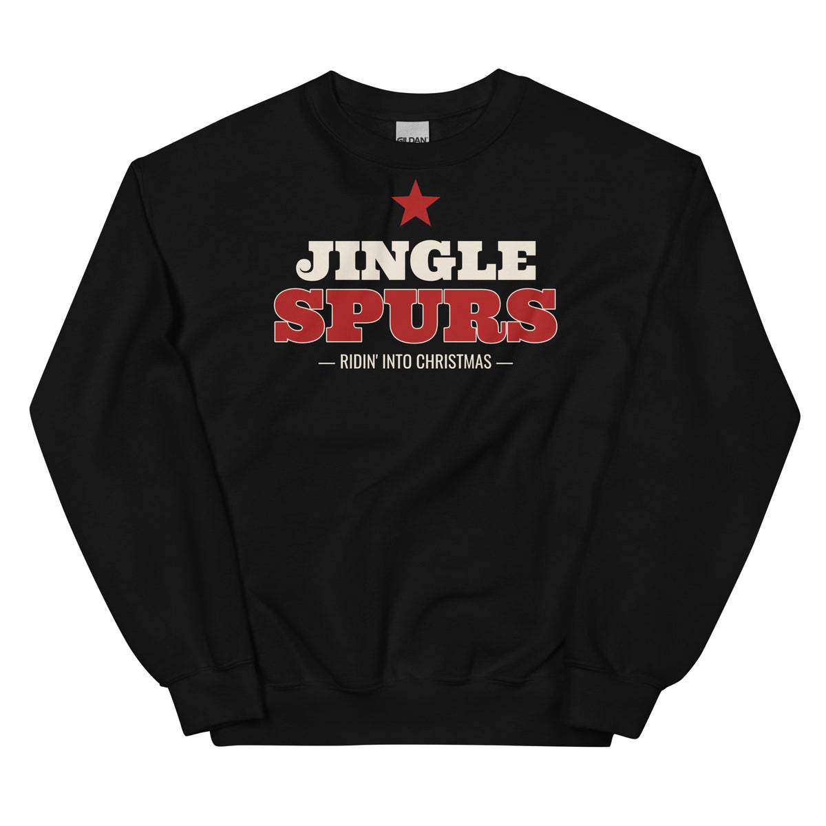 Jingle Spurs Western Christmas Crewneck Sweatshirt in Black, front view