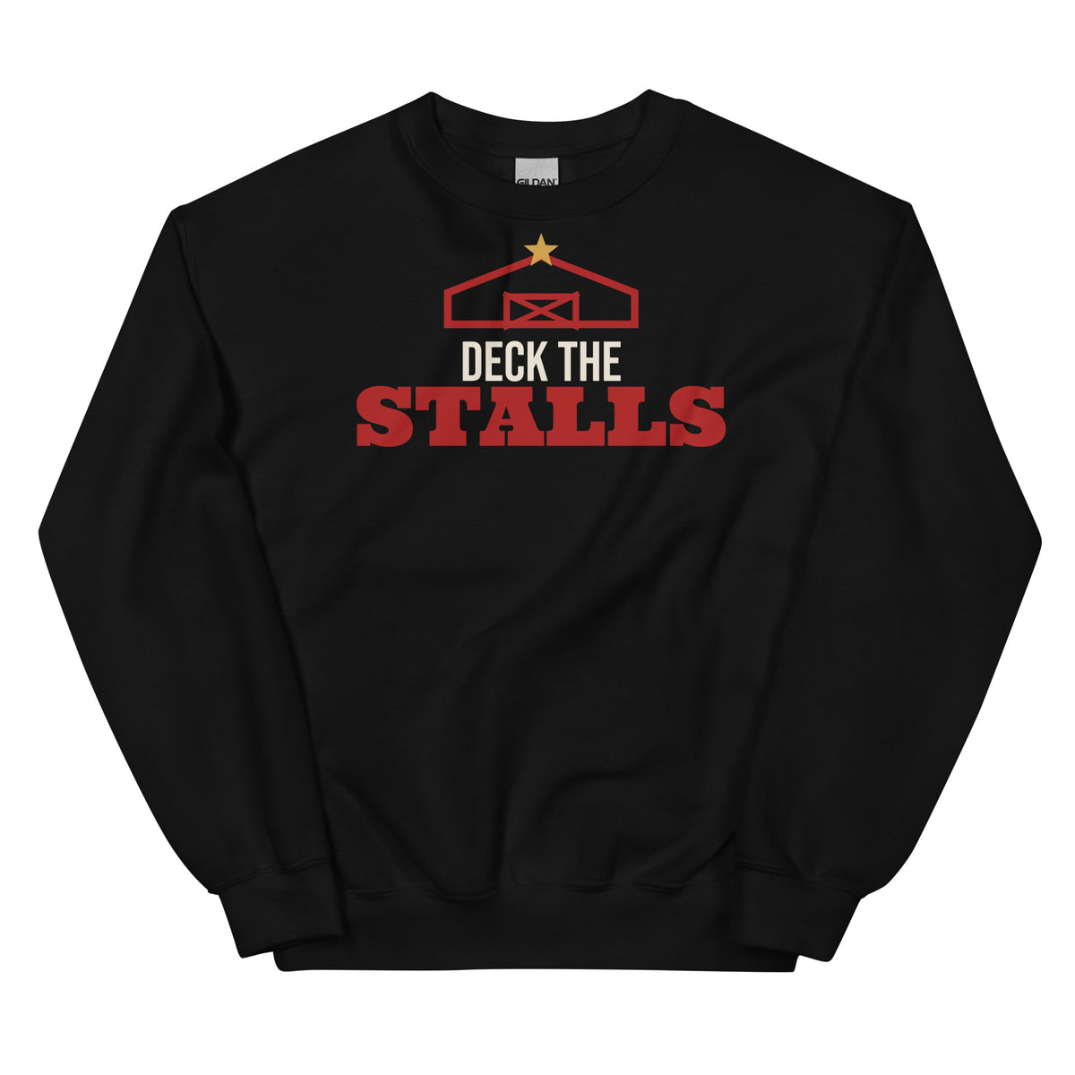 Deck The Stalls Barn Christmas Crewneck Sweatshirt in Black, front view