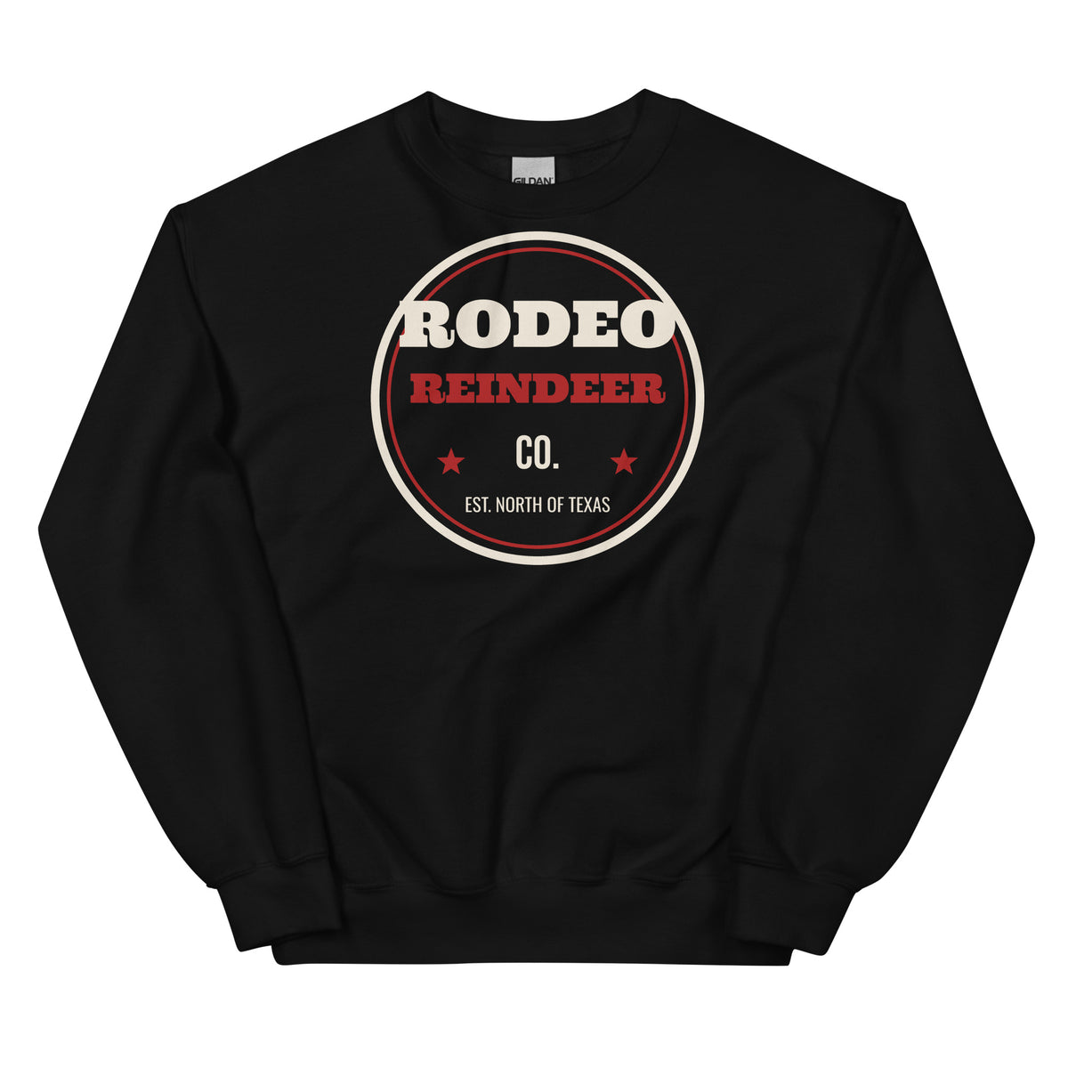 Rodeo Reindeer Co. Western Christmas Crewneck Sweatshirt in Black, front view
