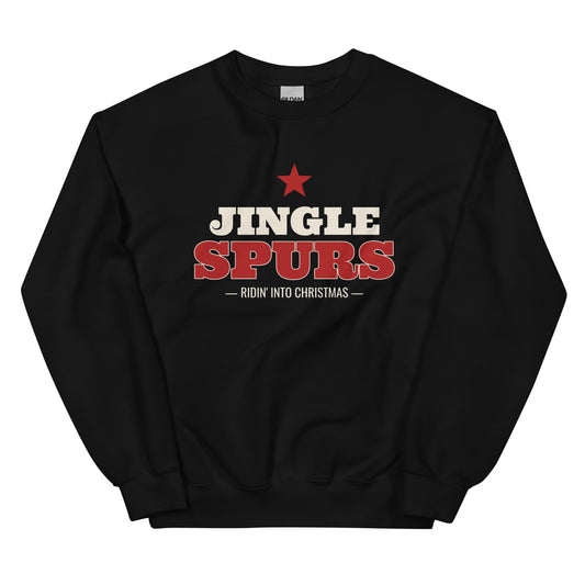 Jingle Spurs Western Christmas Crewneck Sweatshirt in Black, front view