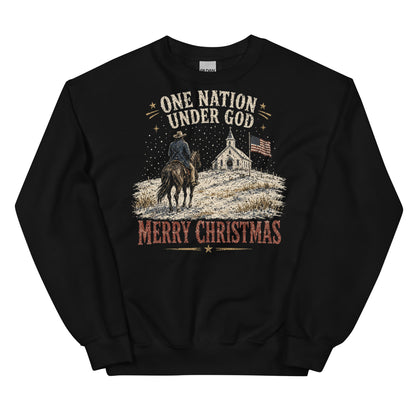 One Nation Under God Merry Christmas western crewneck sweatshirt in Black, front