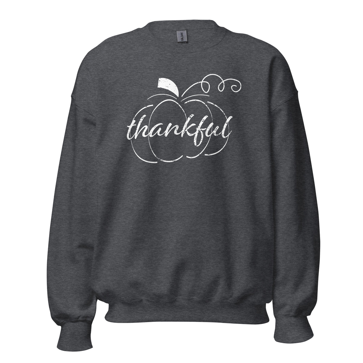 Thankful Cursive Pumpkin Unisex Long Sleeve Sweatshirt in Dark Heather, front view