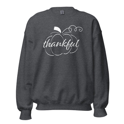 Thankful Cursive Pumpkin Unisex Long Sleeve Sweatshirt in Dark Heather, front view