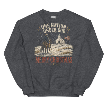 One Nation Under God Merry Christmas western crewneck sweatshirt in Dark Heather, front