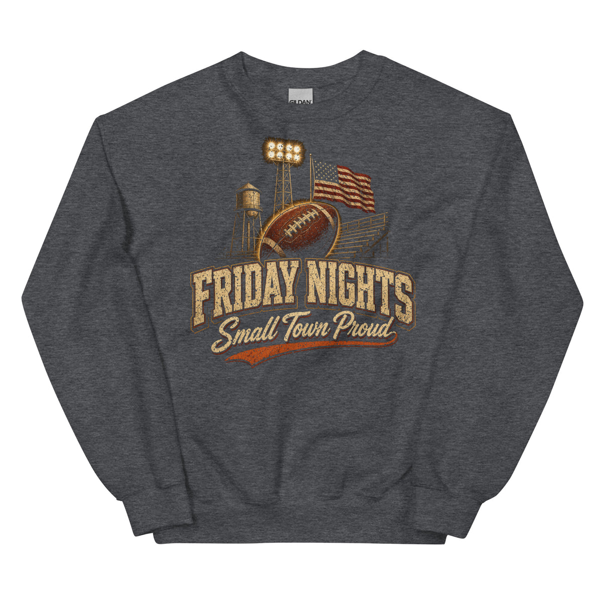 Friday Nights Small Town Proud crewneck sweatshirt in Dark Heather, front
