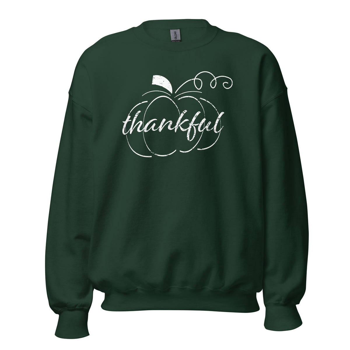 Thankful Cursive Pumpkin Unisex Long Sleeve Sweatshirt in Forest Green, front view
