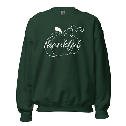 Thankful Cursive Pumpkin Unisex Long Sleeve Sweatshirt in Forest Green, front view